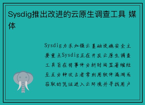 Sysdig推出改进的云原生调查工具 媒体